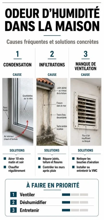 Infographie sur les causes et solutions pour éliminer une odeur d'humidité dans la maison