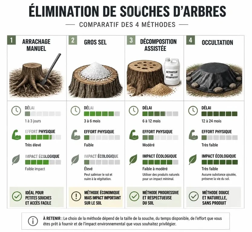 Infographie comparative des méthodes pour faire crever une souche d'arbre