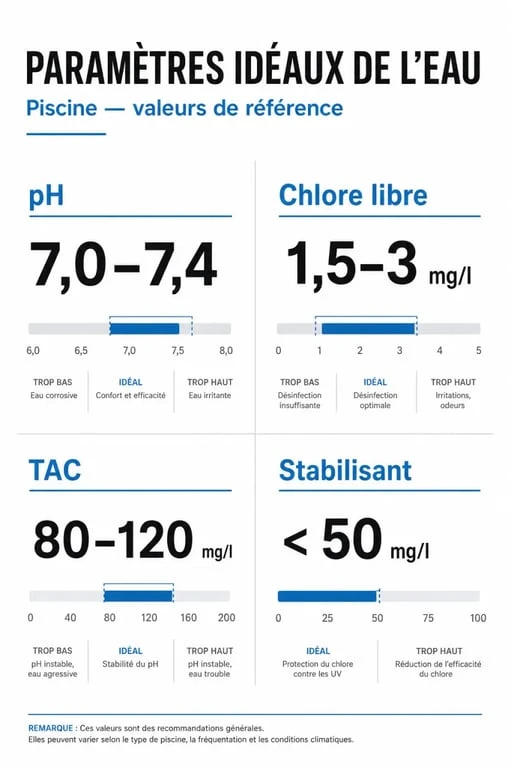 Tableau récapitulatif des paramètres idéaux pour une piscine saine et sans algue verte