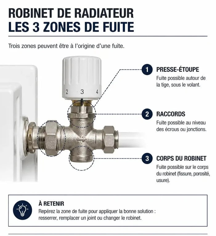 Schéma explicatif des zones de fuite sur un robinet de radiateur pour aider au diagnostic