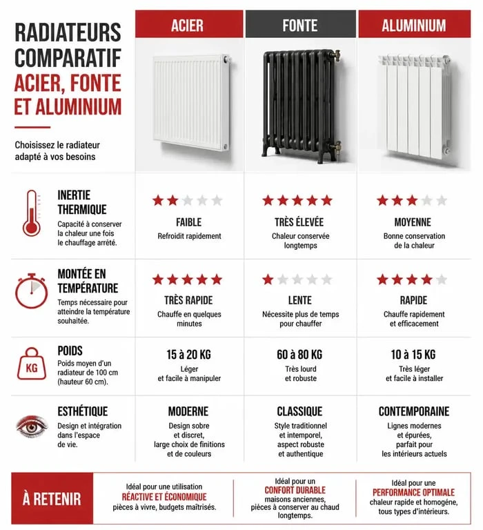 Comparatif des types de radiateurs pour chauffage central : acier, fonte et aluminium