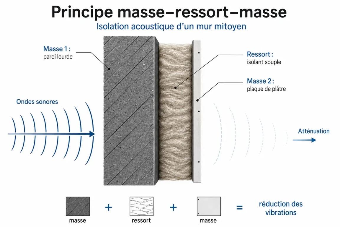 Schéma explicatif du principe masse-ressort-masse pour isoler phoniquement un mur mitoyen