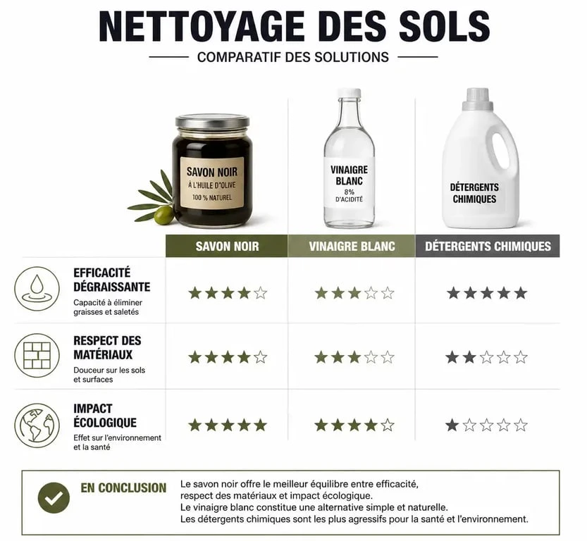 Comparatif des solutions de nettoyage pour sols : savon noir, vinaigre blanc et produits chimiques