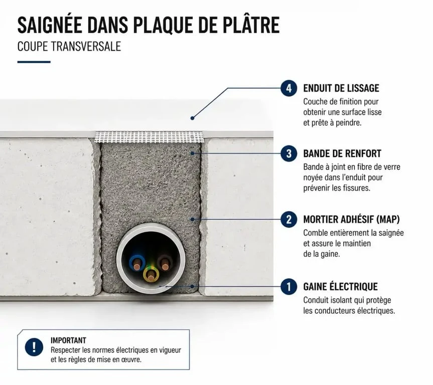 Schéma technique de rebouchage de saignée dans du placo avec gaine électrique et enduit