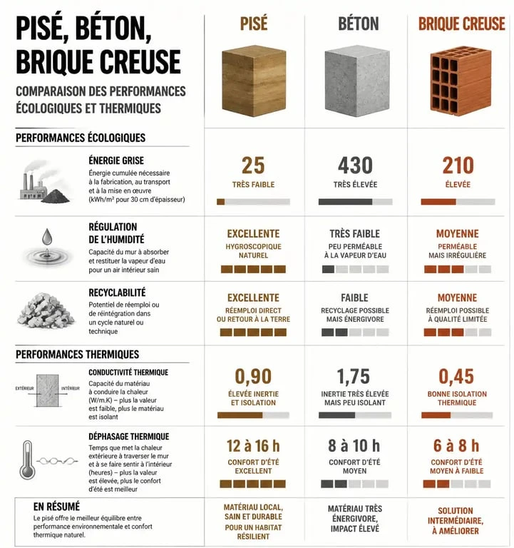 Infographie comparative des performances environnementales du mur en pisé par rapport aux matériaux industriels