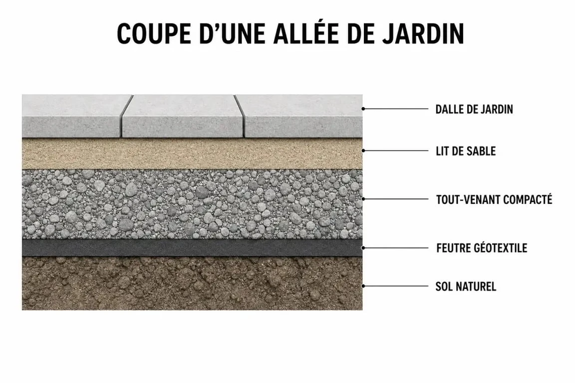 Schéma technique de pose d'une dalle allée de jardin