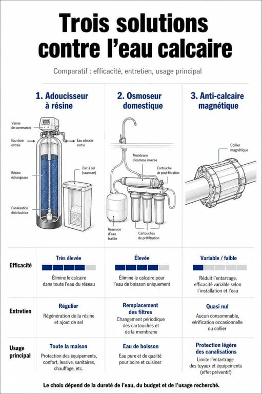 Infographie comparative des solutions contre l'eau calcaire pour le traitement de l'eau domestique