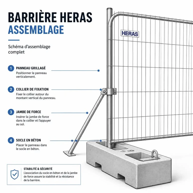Schéma d'assemblage d'une barrière Heras avec socle, collier et jambe de force pour chantier