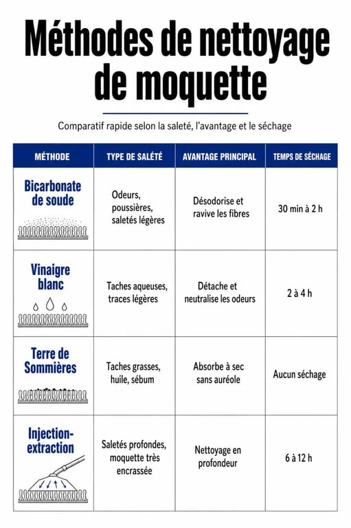 Tableau comparatif des méthodes pour nettoyer une moquette efficacement