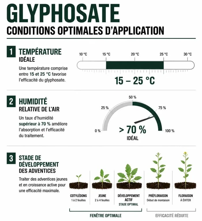 Infographie des conditions optimales pour l'application de désherbant glyphosate