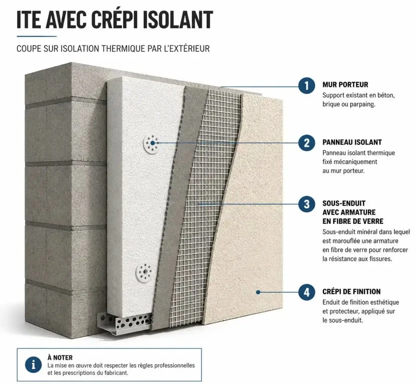 Schéma technique d'une isolation thermique par l'extérieur avec crépi isolant