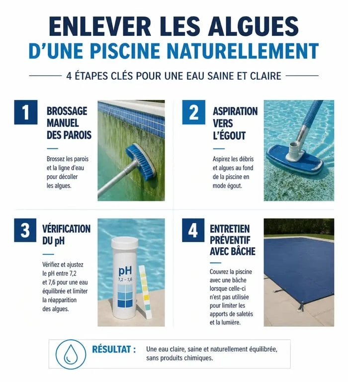 Infographie des étapes pour enlever les algues de piscine naturellement