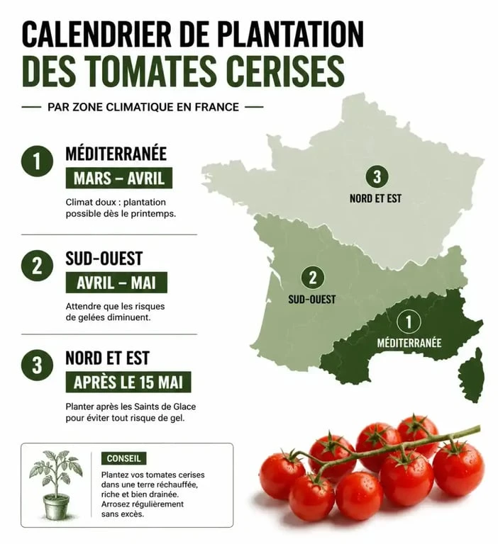Calendrier de plantation des tomates cerises par zone climatique en France
