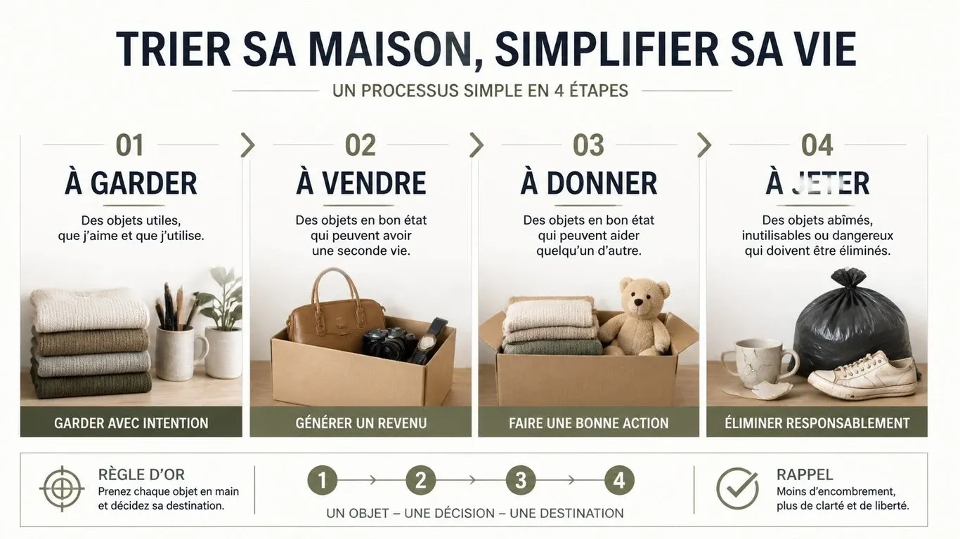Illustration du processus de tri pour vider une maison : conserver, vendre, donner ou jeter