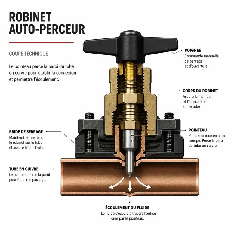 Schéma de fonctionnement d'un robinet auto perceur sur tube en cuivre