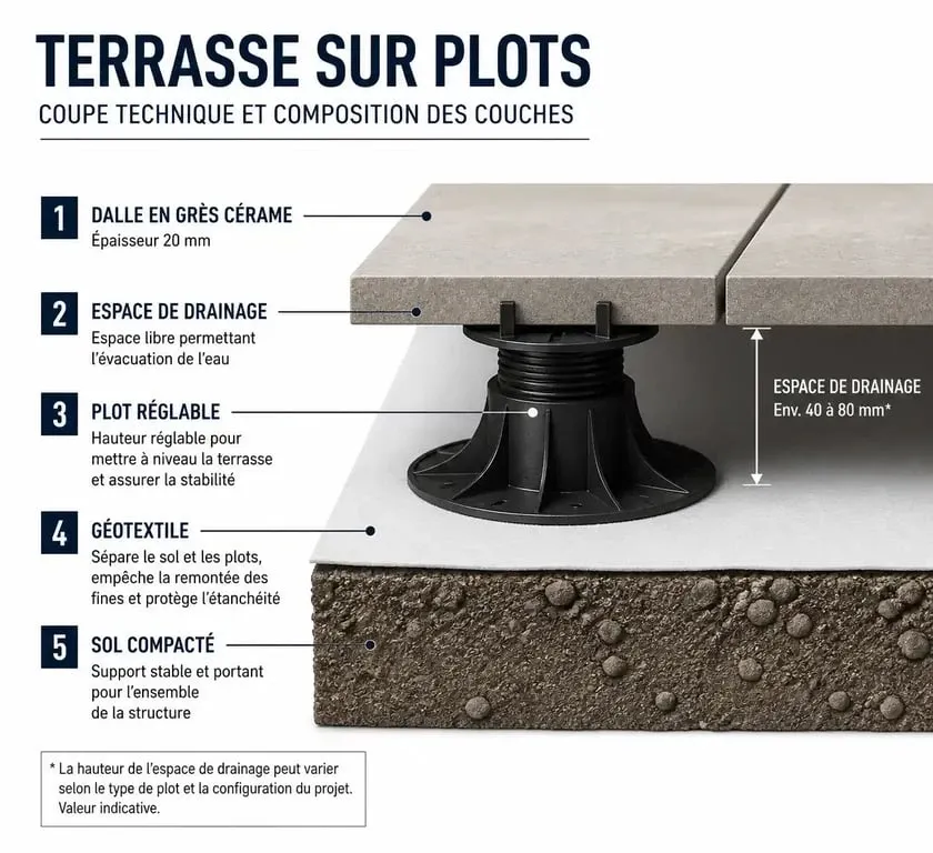 Schéma technique de pose de carrelage sur plot pour terrasse extérieure