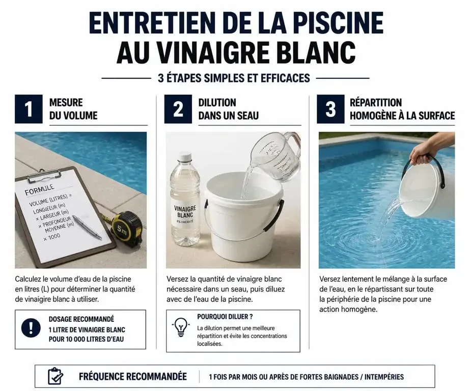 Infographie des étapes d'entretien d'une piscine avec du vinaigre blanc