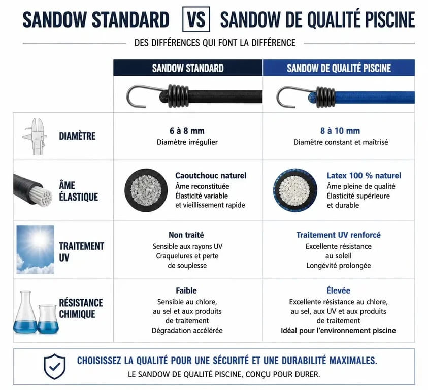 Comparatif technique des sandows pour bâche de piscine : standard vs qualité piscine