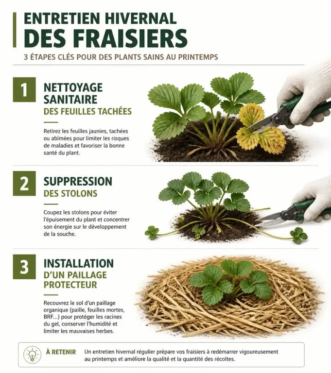 Infographie sur l'entretien et la taille des fraisiers avant l'hiver