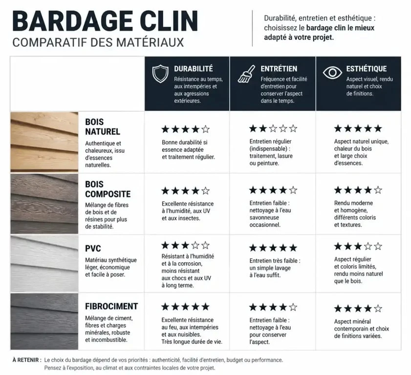 Tableau comparatif des matériaux pour bardage clin : bois, composite, PVC et fibrociment
