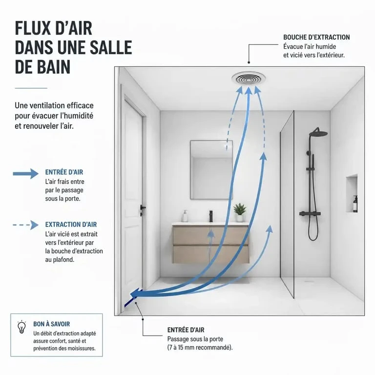 Schéma de circulation d'air et installation d'une VMC dans une salle de bain