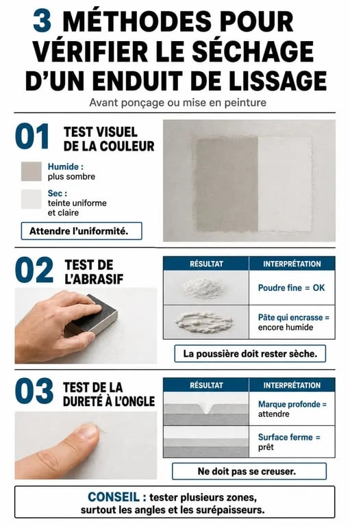Infographie des méthodes pour vérifier le temps de séchage enduit lissage avant ponçage