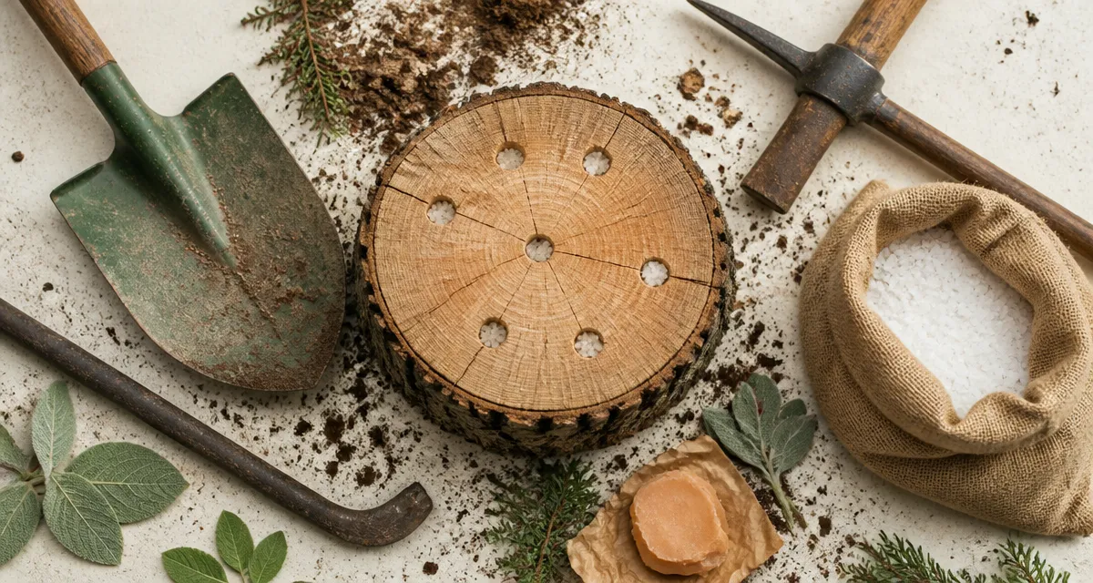 Faire crever une souche avec sel et outils de jardin