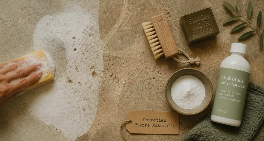 Nettoyage pierre naturelle javel : éponge décolorant la pierre, alternatives écologiques à droite