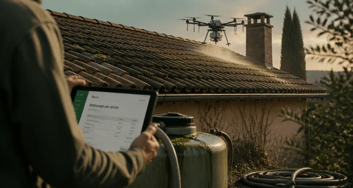 Nettoyage toiture par drone avis : drone pulvérise sur tuiles