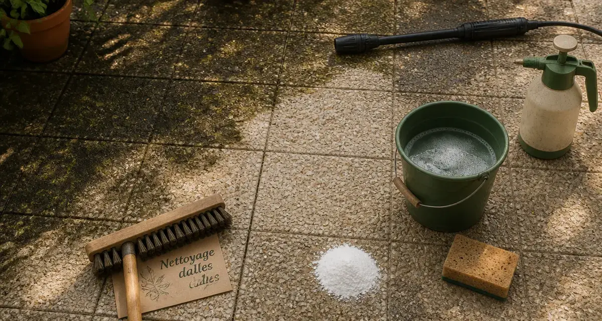 Nettoyer des dalles gravillonnées noircies : brosse, eau et bicarbonate pour décaper sans abîmer