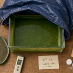 Piscine algue verte : eau verte trouble et brosse de nettoyage