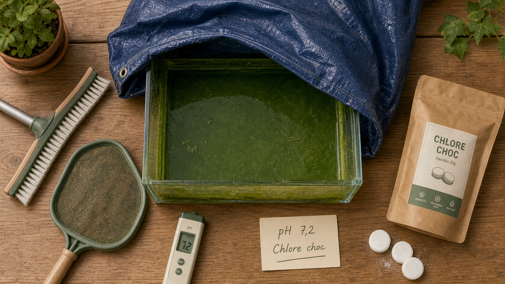 Piscine algue verte : eau verte trouble et brosse de nettoyage