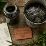purin d'ortie périmé sur table avec orties et carnet
