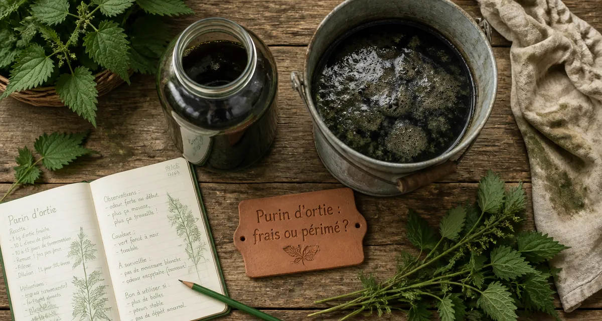 purin d'ortie périmé sur table avec orties et carnet