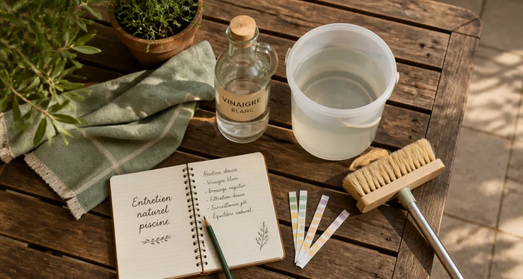 vinaigre blanc piscine sur table avec accessoires