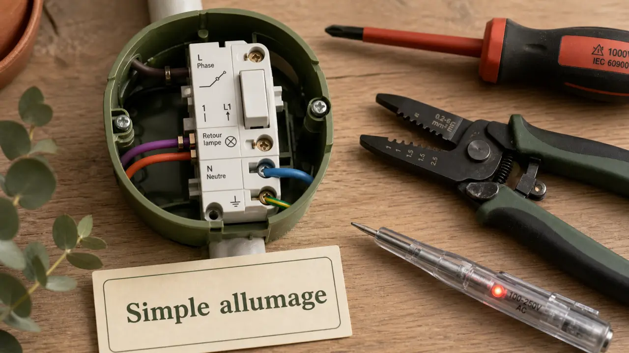 Cablage simple allumage : phase, neutre, retour lampe, terre