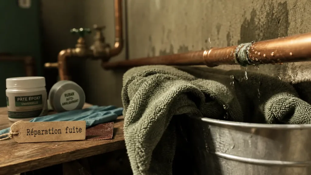 Colmater une fuite d eau sous pression : ruban et mastic sur tuyau cuivre