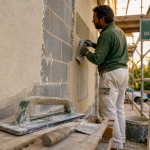 Crépi ou enduit extérieur : enduit appliqué sur mur en parpaing