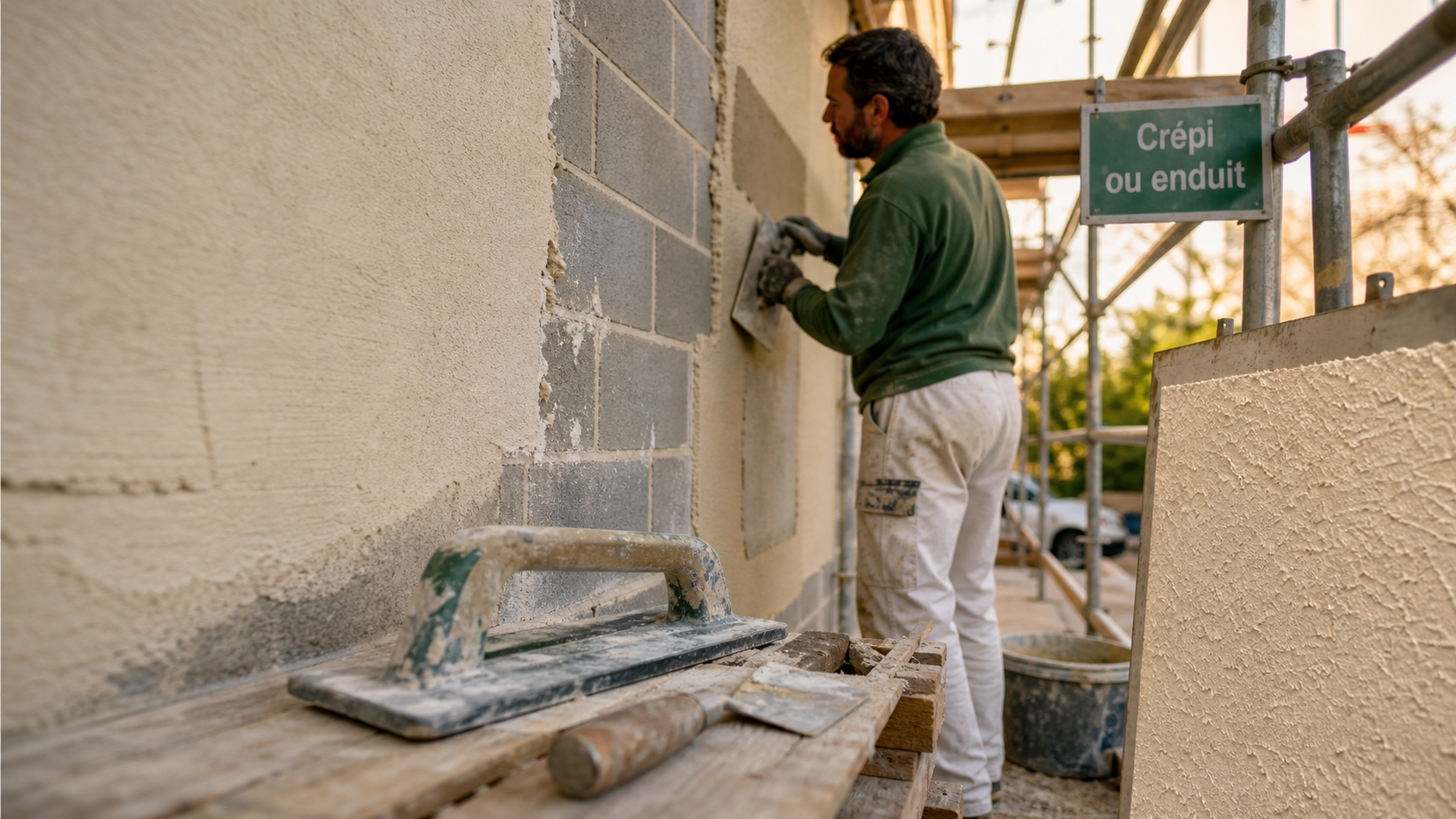 Crépi ou enduit extérieur : enduit appliqué sur mur en parpaing