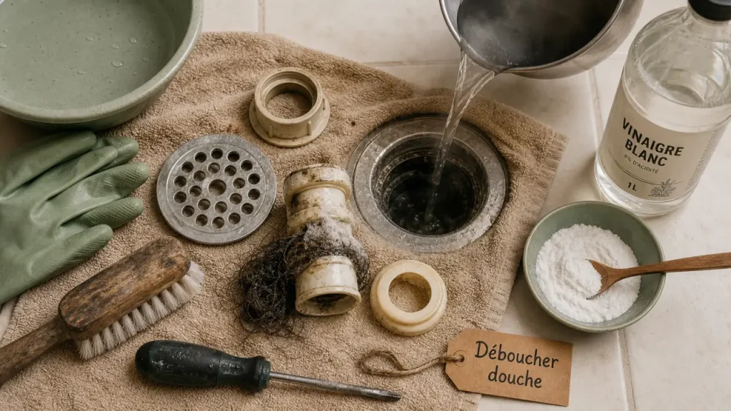 Deboucher la douche : siphon avec cheveux et dépôts, furet et vinaigre