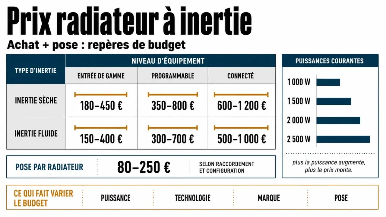 Prix radiateur à inertie : fourchettes d’achat, de pose et facteurs de coût selon la technologie et la puissance