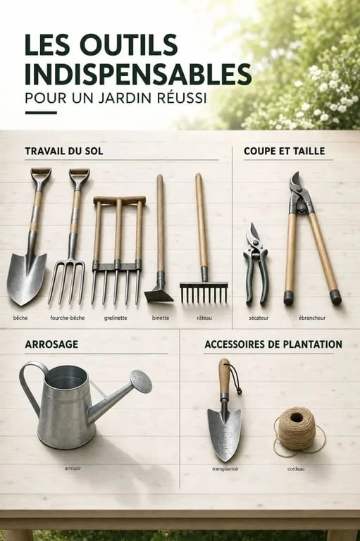 Outils de jardinage liste avec photos : bêche, grelinette, sécateur, arrosoir et râteau présentés en composition éditoriale