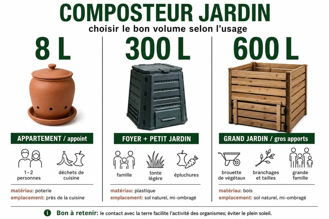 Infographie comparative du composteur jardin 8L, 300L et 600L avec matériaux et conseils d’installation