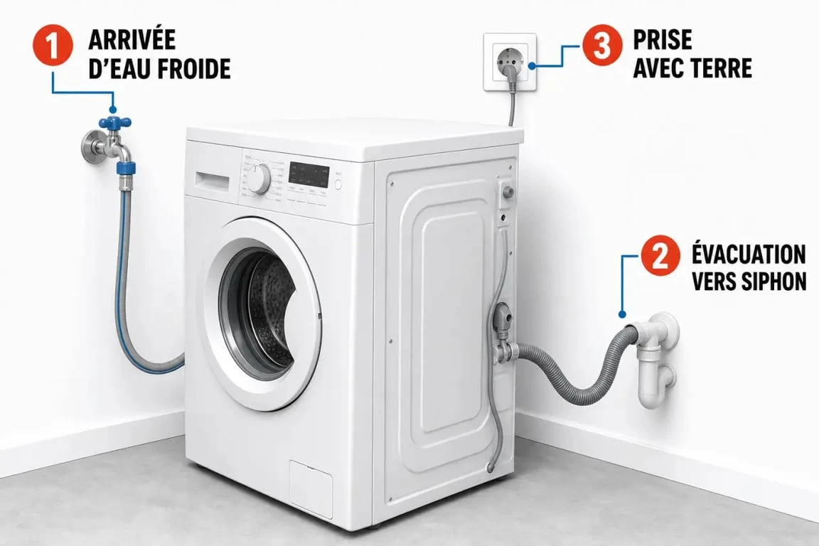 Lave linge branchement illustré avec arrivée d’eau froide, évacuation et prise électrique