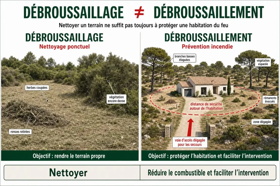 Débroussaillement ou débroussaillage : visuel comparatif des différences, obligations légales et distances de sécurité