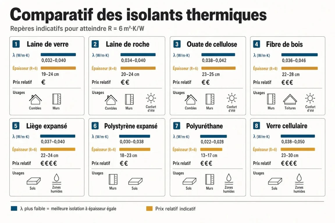 Tableau comparatif isolant thermique montrant lambda, épaisseur pour R=6 et prix indicatif des principaux matériaux