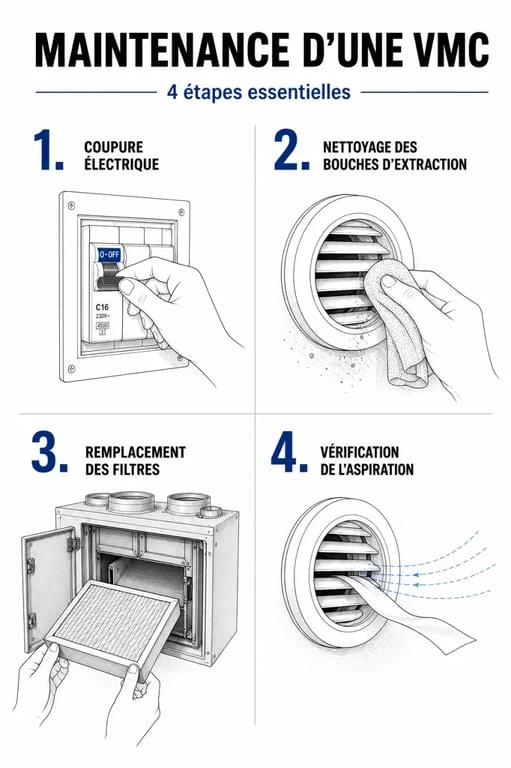 Infographie des étapes de maintenance VMC pour un air intérieur sain