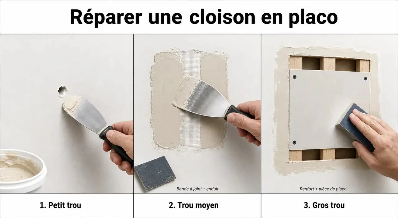 Tutoriel pour reboucher trou dans placoplatre avec étapes de réparation en placo