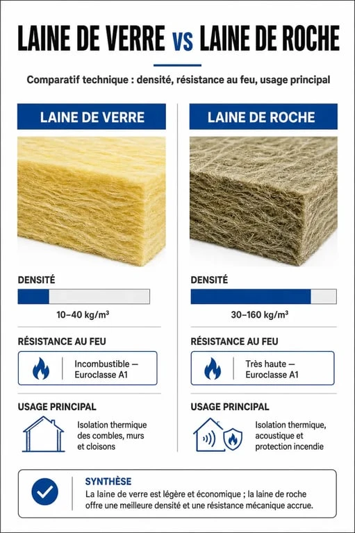 Infographie comparative des performances entre laine de verre et laine de roche pour l'isolation thermique