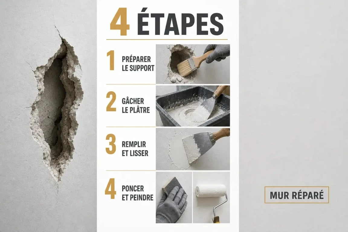 Illustration pas à pas du platre pour reboucher un trou dans un mur